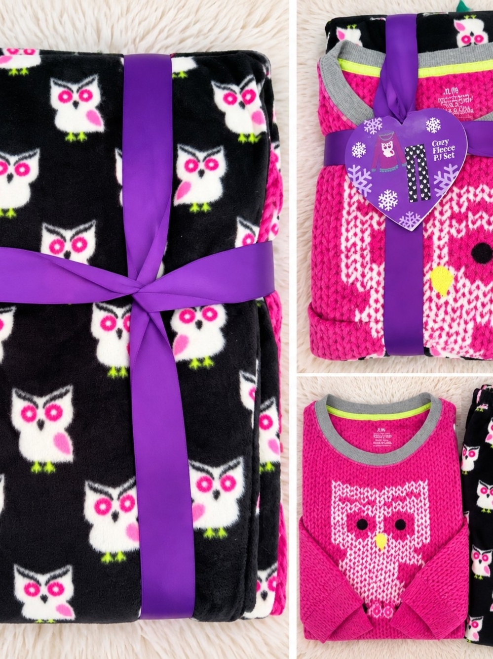 Girls' Owl Fleece Pajama Set - Pink & Black